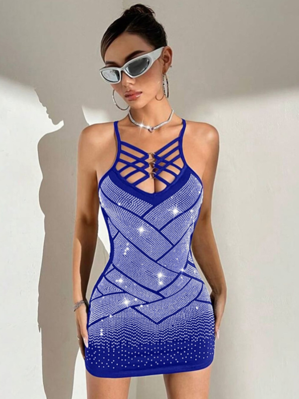 Blue Sexy Suspender Perm Diamond Backless Dress