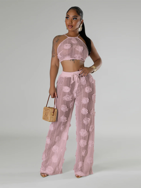 Pink Lace-Up Cropped Top With Loose-Fitting Trousers Solid Color See-Through Two-Piece Suit