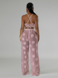 Pink Lace-Up Cropped Top With Loose-Fitting Trousers Solid Color See-Through Two-Piece Suit