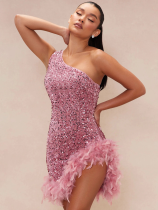 Pink Fashion Slant Shoulder Sequins Feather Wrap Hip Split Dresses