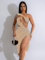 Apricot Fashion Women's Clothing Net Yarn Splicing Hot Diamond Dress