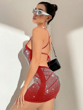 Red Sexy Suspender Perm Diamond Backless Dress