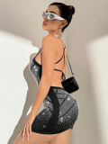Black Sexy Suspender Perm Diamond Backless Dress