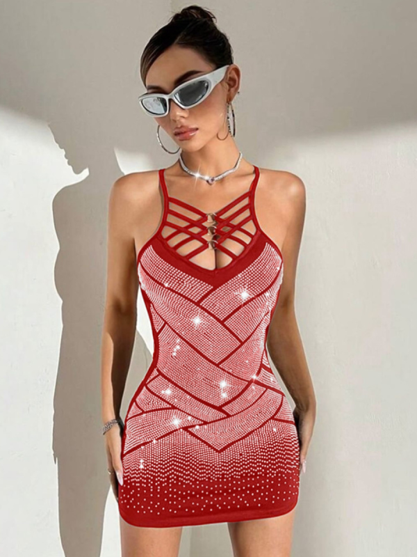 Red Sexy Suspender Perm Diamond Backless Dress