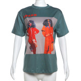 Green Fashion Personality Portrait Print Loose Short-Sleeved T-Shirt