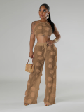Brown Lace-Up Cropped Top With Loose-Fitting Trousers Solid Color See-Through Two-Piece Suit
