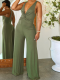 Green Sleeveless Deep V Twisted Knot Casual Solid Color Jumpsuit