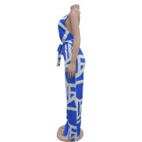 Blue Fashion Women's Printed Sleeveless V-Neck Jumpsuit