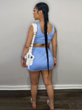 Blue Suspender Top Sexy Hip Skirt Solid Color Two Piece Set