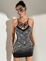Black Sexy Suspender Perm Diamond Backless Dress