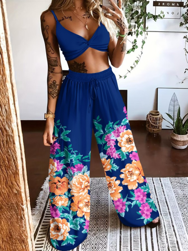 Sexy Bra Fashion Print Wide Leg Pants Two Piece Set