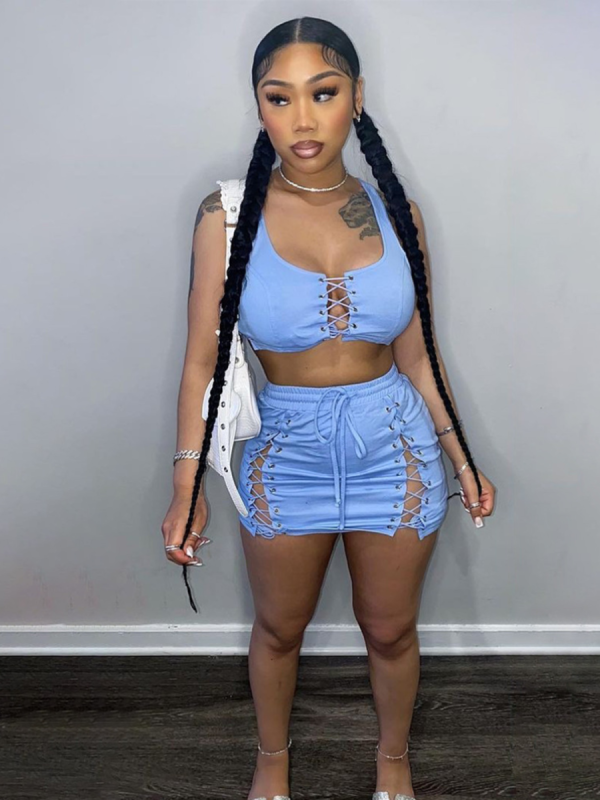 Blue Suspender Top Sexy Hip Skirt Solid Color Two Piece Set