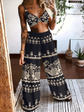 Sexy Bra Fashion Print Wide Leg Pants Two Piece Set