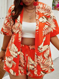 Red Casual Holiday Style Cardigan Shorts Two-Piece Set