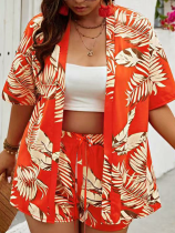 Red Casual Holiday Style Cardigan Shorts Two-Piece Set