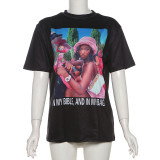 Black Fashion Personality Portrait Print Loose Short-Sleeved T-Shirt