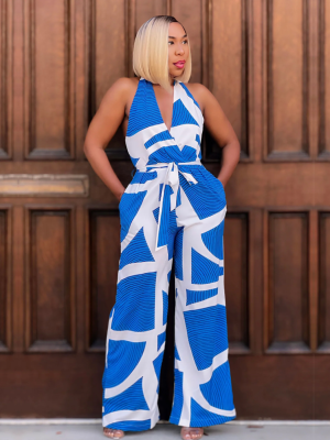 Blue Fashion Women's Printed Sleeveless V-Neck Jumpsuit