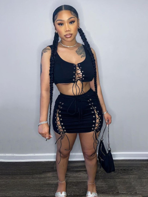 Black Suspender Top Sexy Hip Skirt Solid Color Two Piece Set