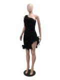 Black Fashion Slant Shoulder Sequins Feather Wrap Hip Split Dresses
