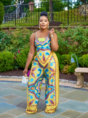 Summer Fashion Printed Sexy Suspender Top Straight Pants Two-Piece Set