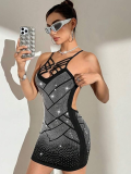 Black Sexy Suspender Perm Diamond Backless Dress