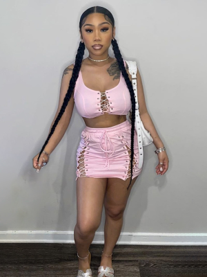 Pink Suspender Top Sexy Hip Skirt Solid Color Two Piece Set