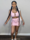 Pink Suspender Top Sexy Hip Skirt Solid Color Two Piece Set