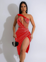 Red Fashion Women's Clothing Net Yarn Splicing Hot Diamond Dress