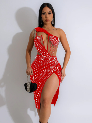 Red Fashion Women's Clothing Net Yarn Splicing Hot Diamond Dress