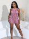 Pink Sexy Halterneck Knitted Hollow Tassel Jumpsuit Shorts