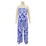 Blue Fashion Print Sleeveless Wide Leg Jumpsuit