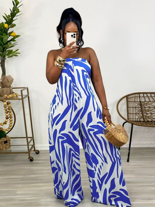 Blue Fashion Print Sleeveless Wide Leg Jumpsuit