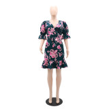 Sexy V-Neck Puff Sleeve Ruffle Dress