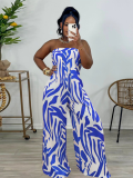 Blue Fashion Print Sleeveless Wide Leg Jumpsuit