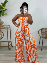 Orange Fashion Print Sleeveless Wide Leg Jumpsuit