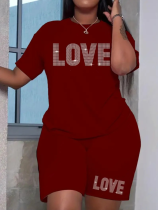 Burgundy Round Neck Perm Diamond Large Size T-Shirt Two-Piece Set