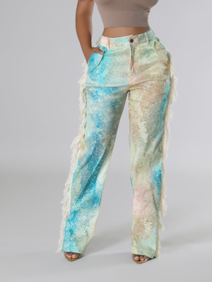 Blue Fashionable Women's Printed Tassel Straight Casual Trousers