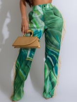 Green Fashionable Women's Printed Tassel Straight Casual Trousers