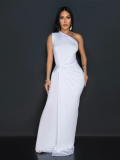 White New Solid Color Oblique Collar Sleeveless Slim Dress