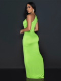 Fluorescent Green New Solid Color Oblique Collar Sleeveless Slim Dress
