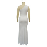 White New Solid Color Oblique Collar Sleeveless Slim Dress