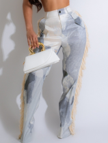 Grey Fashionable Women's Printed Tassel Straight Casual Trousers