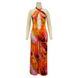 Orange Printed Navel-Exposed Halter Neck Backless Jumpsuit