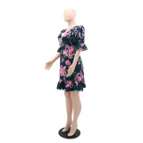Sexy V-Neck Puff Sleeve Ruffle Dress
