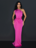 Rose Red New Solid Color Oblique Collar Sleeveless Slim Dress