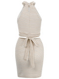 Apricot Waistless Hanging Neck Top Sexy Short Skirt Two Piece Set