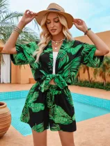 Green Printed Casual Holiday Style Cardigan Shorts Two-Piece Set