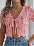 Pink Lace-Up Hollow Knitted Cardigan Holiday Navel-Baring Sunscreen Shirt