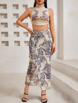 Sexy Apricot Fashion Printed Mesh Splicing Two-Piece Suit