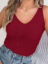 Wine Red V-Neck Hollow Sleeveless Sweater Vacation Vest